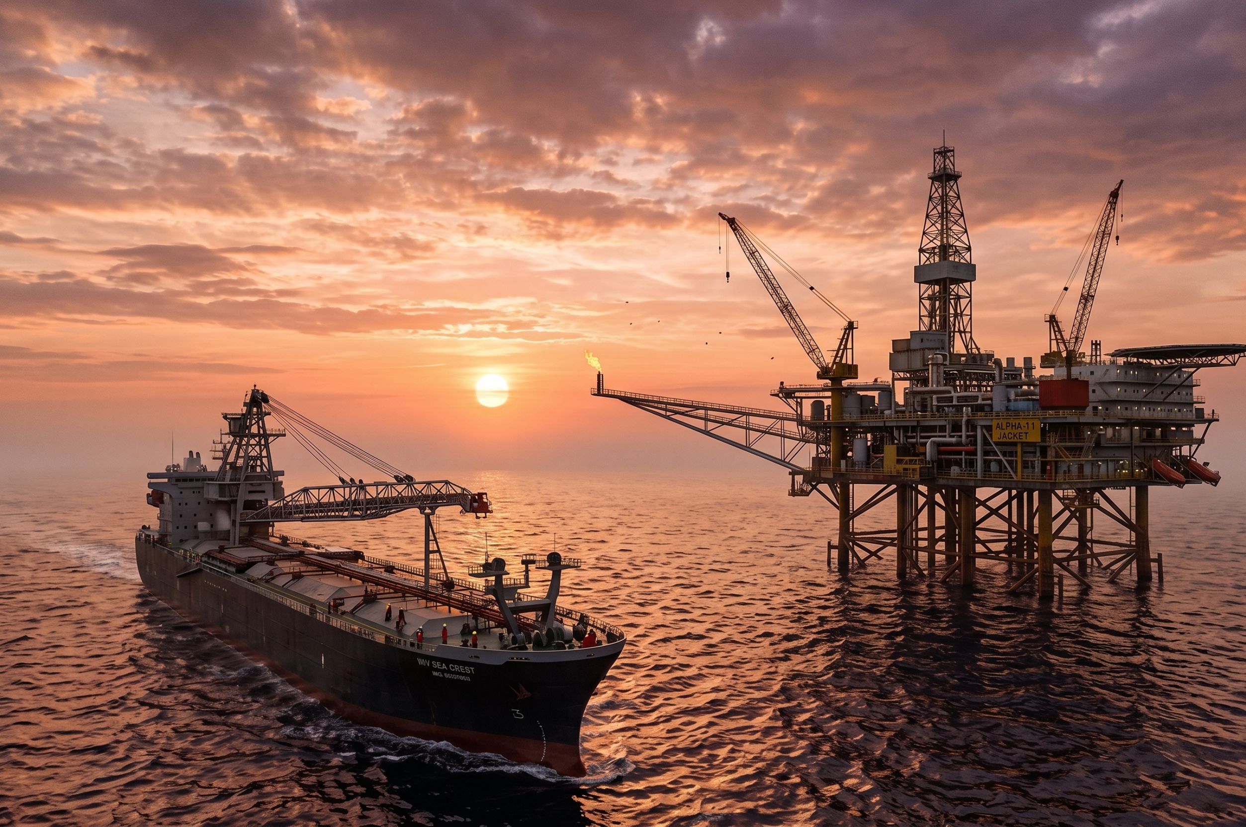 Tanker offloading at an offshore platform at sunset